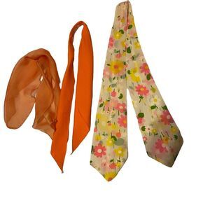 #4920 Vintage 3 Scarf daisy , orange chiffon, tie scarf